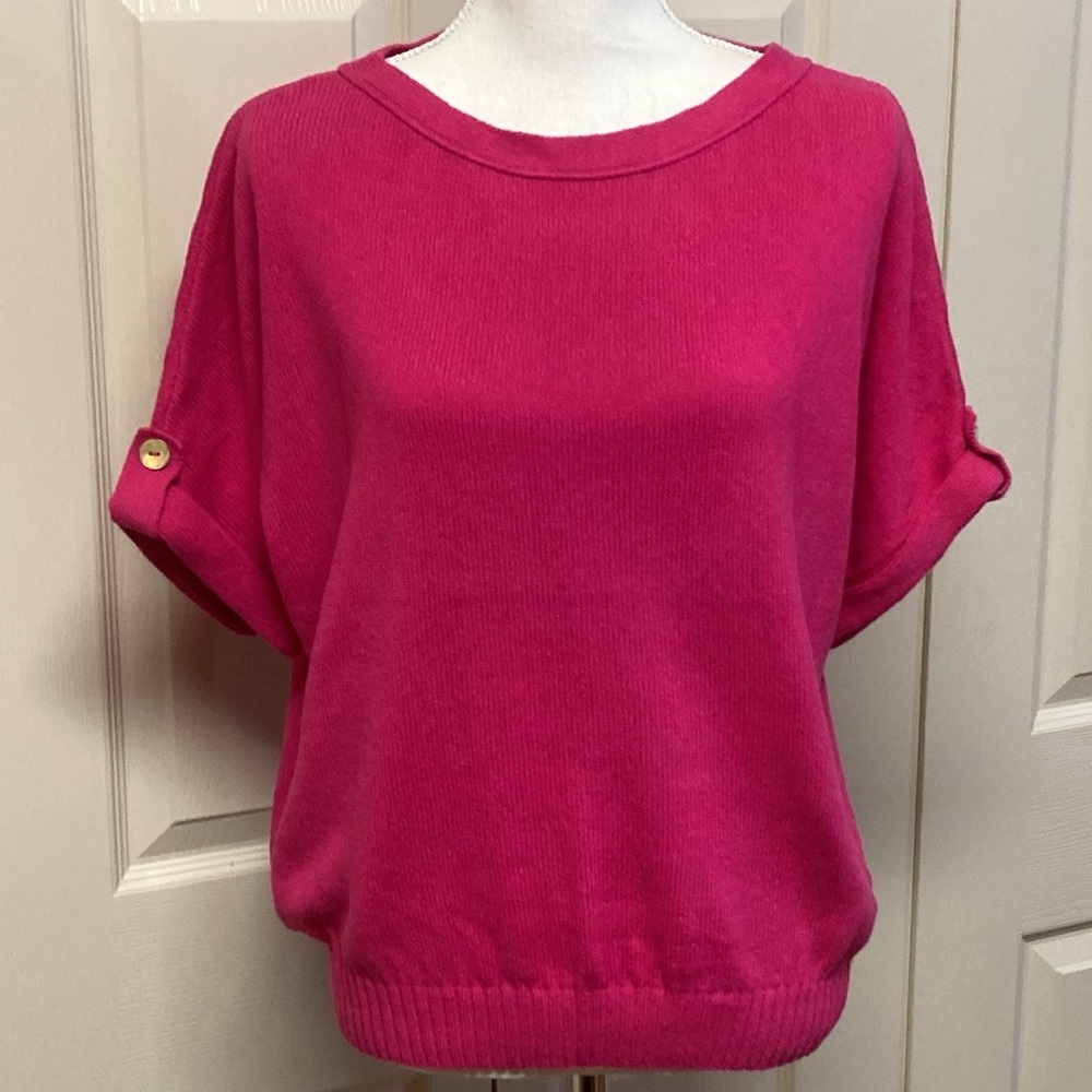 Chico’s Linen-Cotton Blend Pink Short Sleeve Pullover Sweater Sz 1 or Sz 10/12